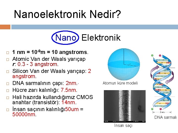 Nanoelektronik Nedir? Nano Elektronik 1 nm = 10 -9 m = 10 angstroms. Atomic