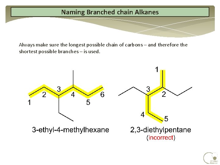 Naming Branched chain Alkanes Always make sure the longest possible chain of carbons – Naming Branched chain Alkanes Always make sure the longest possible chain of carbons –