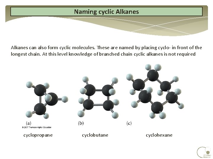 Naming cyclic Alkanes can also form cyclic molecules. These are named by placing cyclo- Naming cyclic Alkanes can also form cyclic molecules. These are named by placing cyclo-
