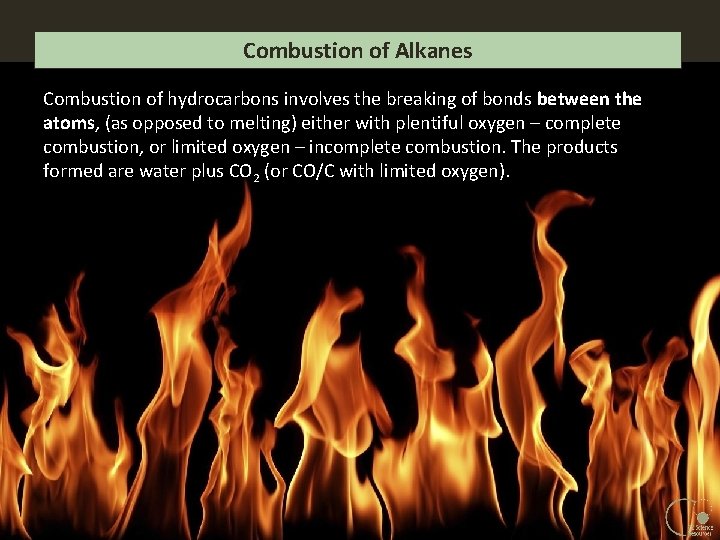 Combustion of Alkanes Combustion of hydrocarbons involves the breaking of bonds between the atoms, Combustion of Alkanes Combustion of hydrocarbons involves the breaking of bonds between the atoms,
