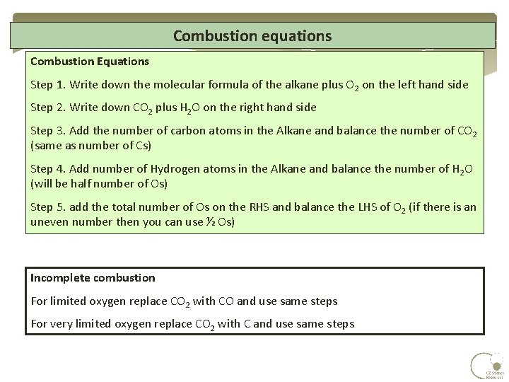 Combustion equations Combustion Equations Step 1. Write down the molecular formula of the alkane Combustion equations Combustion Equations Step 1. Write down the molecular formula of the alkane