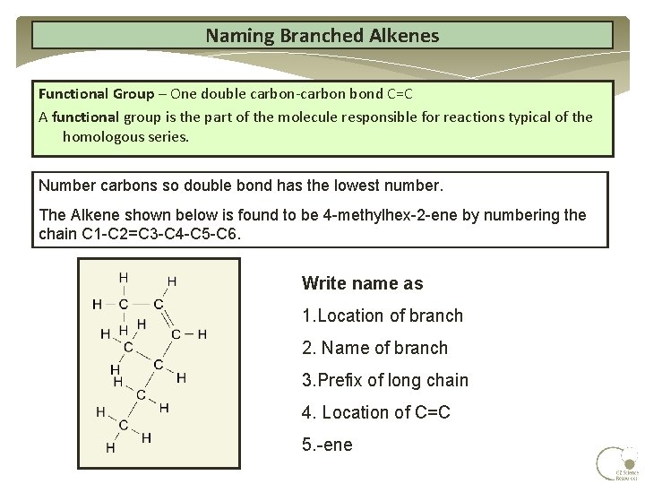 Naming Branched Alkenes Functional Group – One double carbon-carbon bond C=C A functional group Naming Branched Alkenes Functional Group – One double carbon-carbon bond C=C A functional group