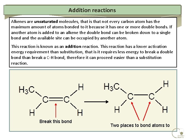 Addition reactions Alkenes are unsaturated molecules, that is that not every carbon atom has Addition reactions Alkenes are unsaturated molecules, that is that not every carbon atom has