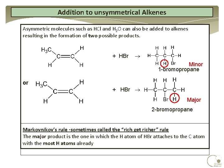 Addition to unsymmetrical Alkenes Asymmetric molecules such as HCl and H 2 O can Addition to unsymmetrical Alkenes Asymmetric molecules such as HCl and H 2 O can