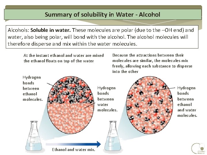 Summary of solubility in Water - Alcohols: Soluble in water. These molecules are polar Summary of solubility in Water - Alcohols: Soluble in water. These molecules are polar