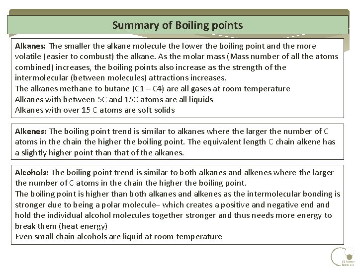 Summary of Boiling points Alkanes: The smaller the alkane molecule the lower the boiling Summary of Boiling points Alkanes: The smaller the alkane molecule the lower the boiling