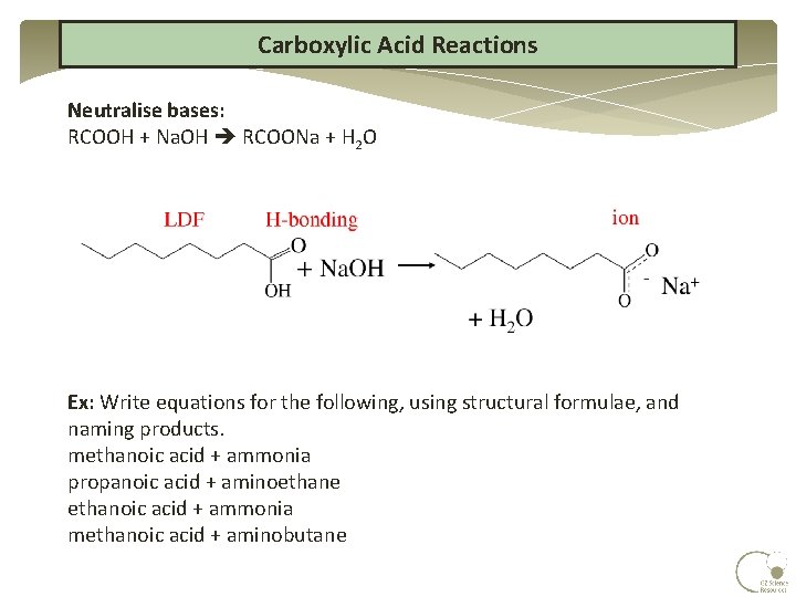 Carboxylic Acid Reactions Neutralise bases: RCOOH + Na. OH RCOONa + H 2 O Carboxylic Acid Reactions Neutralise bases: RCOOH + Na. OH RCOONa + H 2 O