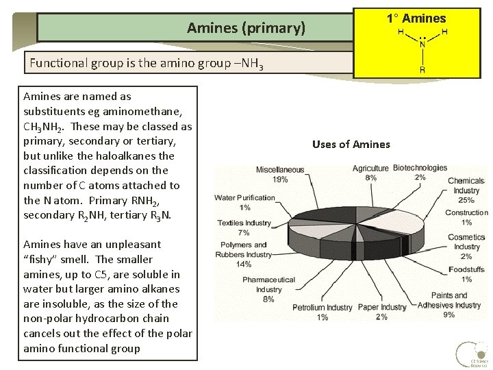 Amines (primary) 1° Amines Functional group is the amino group –NH 3 Amines are Amines (primary) 1° Amines Functional group is the amino group –NH 3 Amines are