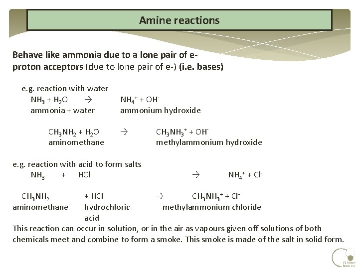 Amine reactions Behave like ammonia due to a lone pair of e- proton acceptors Amine reactions Behave like ammonia due to a lone pair of e- proton acceptors
