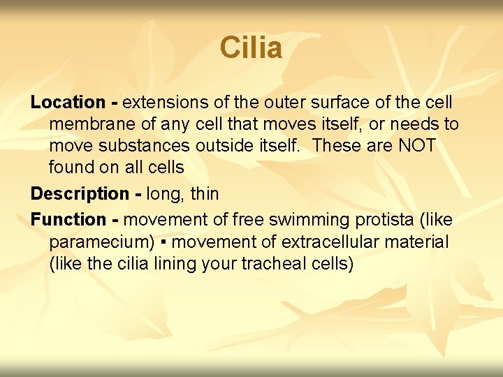 Cilia Location - extensions of the outer surface of the cell membrane of any