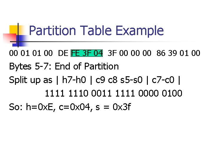 Partition Table Example 00 01 01 00 DE FE 3 F 04 3 F