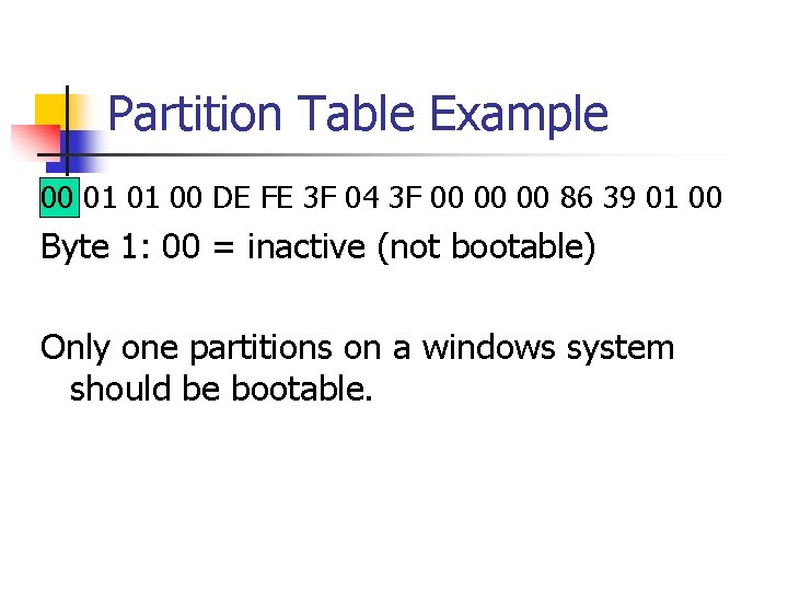 Partition Table Example 00 01 01 00 DE FE 3 F 04 3 F