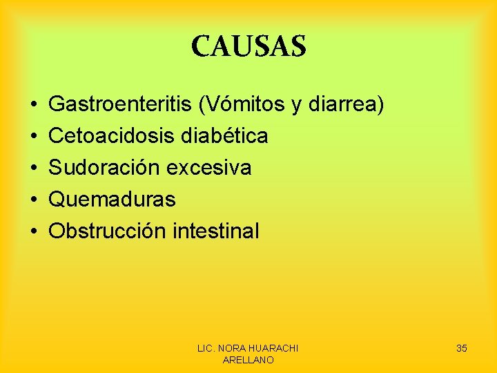 CAUSAS • • • Gastroenteritis (Vómitos y diarrea) Cetoacidosis diabética Sudoración excesiva Quemaduras Obstrucción