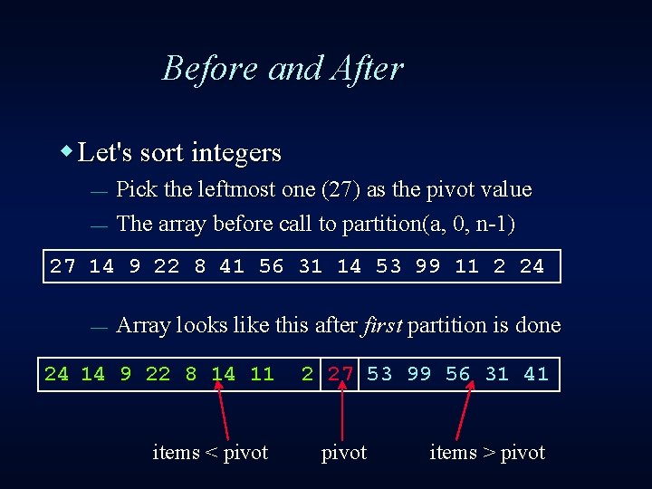 Before and After w Let's sort integers ¾ ¾ Pick the leftmost one (27)