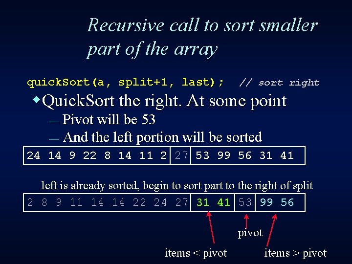 Recursive call to sort smaller part of the array quick. Sort(a, split+1, last); //