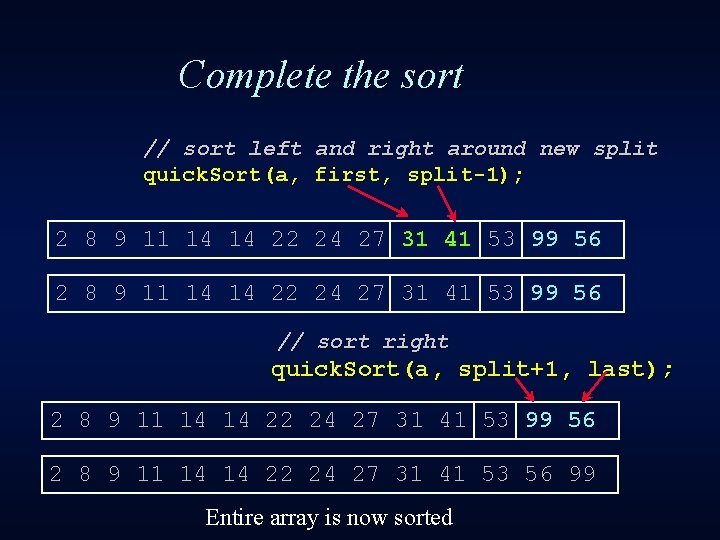 Complete the sort // sort left and right around new split quick. Sort(a, first,