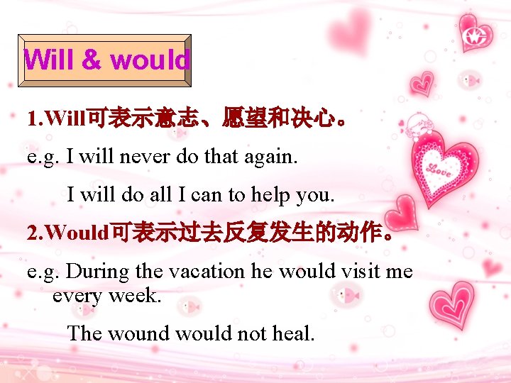 Will & would 1. Will可表示意志、愿望和决心。 e. g. I will never do that again. I