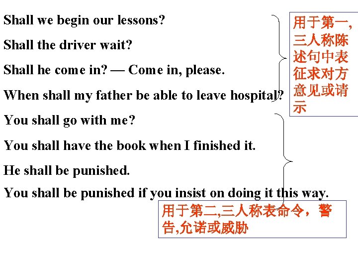 Shall we begin our lessons? 用于第一, 三人称陈 Shall the driver wait? 述句中表 Shall he