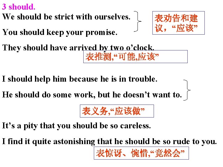 3 should. We should be strict with ourselves. You should keep your promise. 表劝告和建