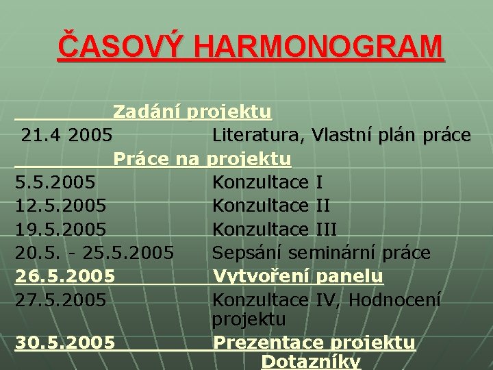 ČASOVÝ HARMONOGRAM Zadání projektu 21. 4 2005 Literatura, Vlastní plán práce Práce na projektu ČASOVÝ HARMONOGRAM Zadání projektu 21. 4 2005 Literatura, Vlastní plán práce Práce na projektu