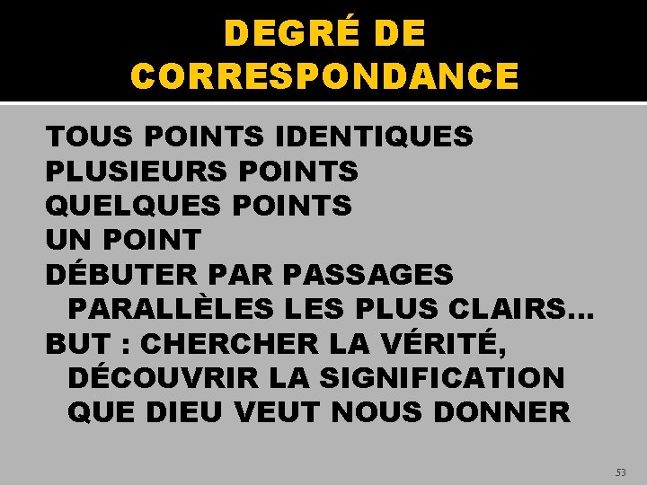 DEGRÉ DE CORRESPONDANCE TOUS POINTS IDENTIQUES PLUSIEURS POINTS QUELQUES POINTS UN POINT DÉBUTER PASSAGES