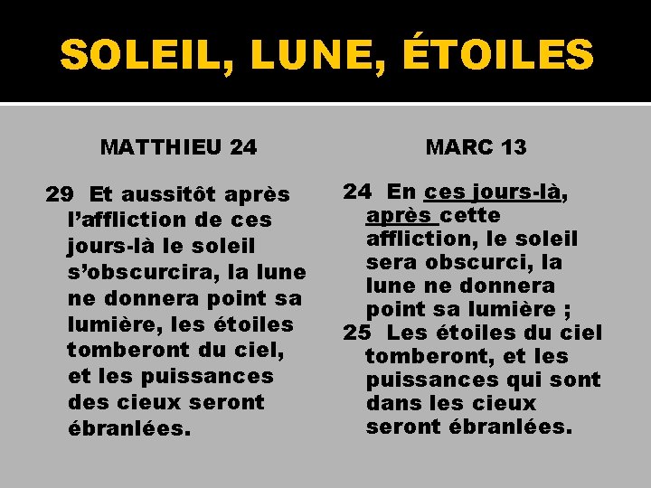 SOLEIL, LUNE, ÉTOILES MATTHIEU 24 MARC 13 29 Et aussitôt après l’affliction de ces