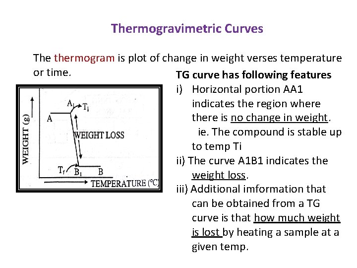 Thermogravimetric Curves The thermogram is plot of change in weight verses temperature or time.