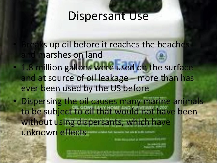Dispersant Use • Breaks up oil before it reaches the beaches and marshes on