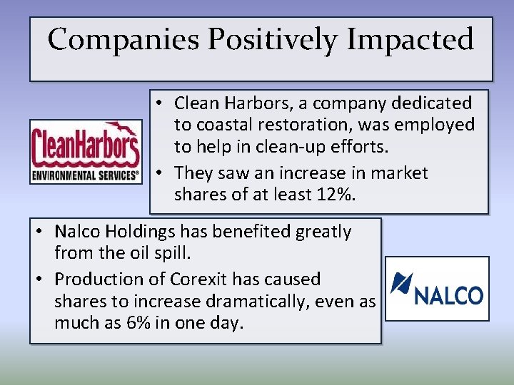 Companies Positively Impacted • Clean Harbors, a company dedicated to coastal restoration, was employed