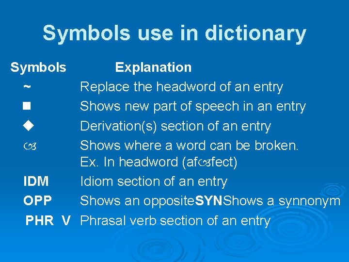 Symbols use in dictionary Symbols ~ Explanation Replace the headword of an entry Shows Symbols use in dictionary Symbols ~ Explanation Replace the headword of an entry Shows