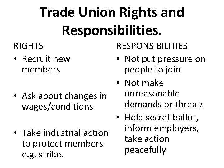 Trade Union Rights and Responsibilities. RIGHTS • Recruit new members RESPONSIBILITIES • Not put