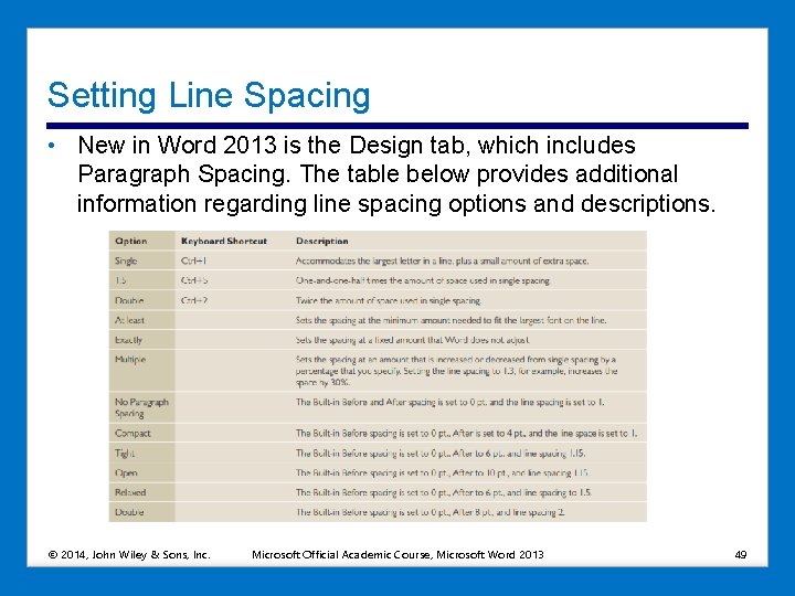 Setting Line Spacing • New in Word 2013 is the Design tab, which includes