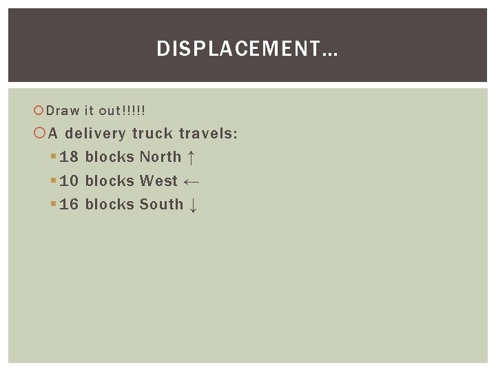 DISPLACEMENT… Draw it out!!!!! A delivery truck travels: § 18 blocks North ↑ §