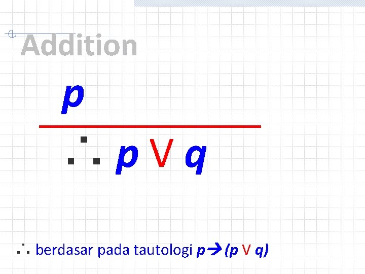 Addition p ∴p. Vq ∴ berdasar pada tautologi p (p V q) 