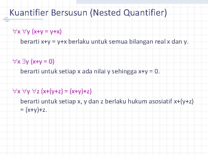 Kuantifier Bersusun (Nested Quantifier) x y (x+y = y+x) berarti x+y = y+x berlaku