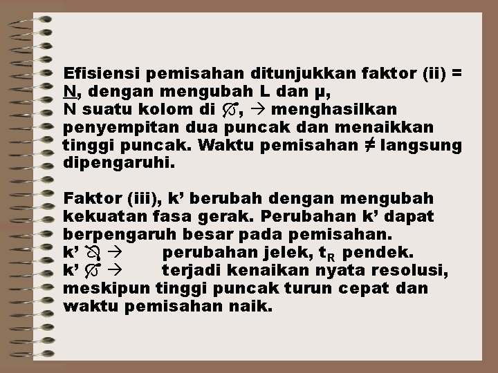Efisiensi pemisahan ditunjukkan faktor (ii) = N, dengan mengubah L dan μ, N suatu