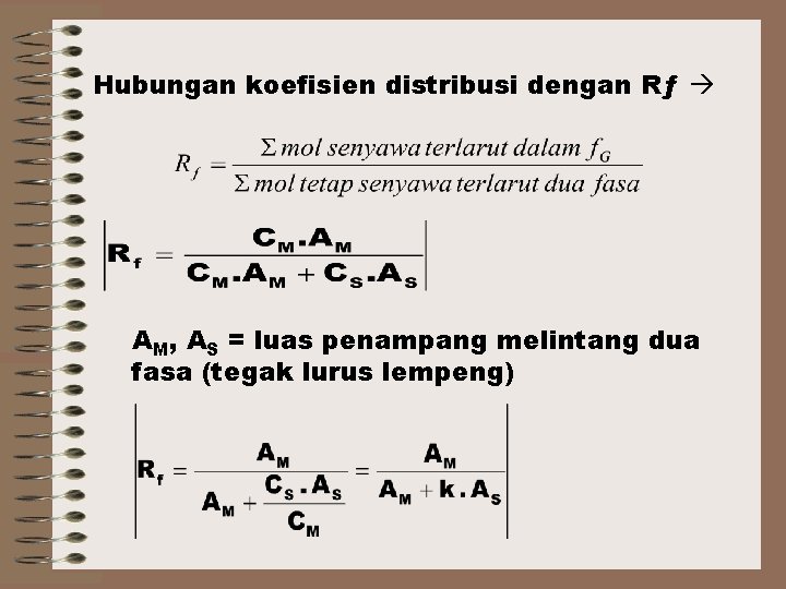 Hubungan koefisien distribusi dengan Rƒ AM, AS = luas penampang melintang dua fasa (tegak