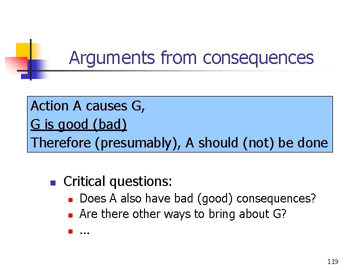 Arguments from consequences Action A causes G, G is good (bad) Therefore (presumably), A