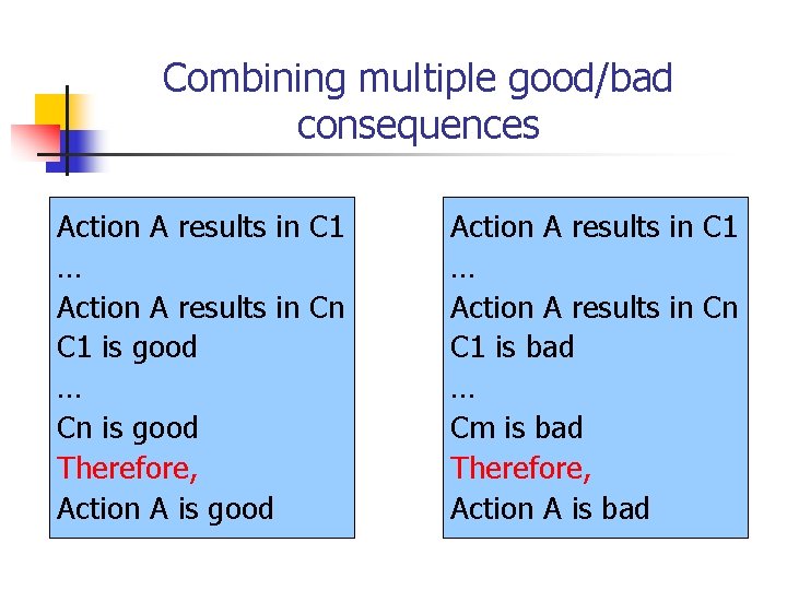 Combining multiple good/bad consequences Action A results in C 1 … Action A results