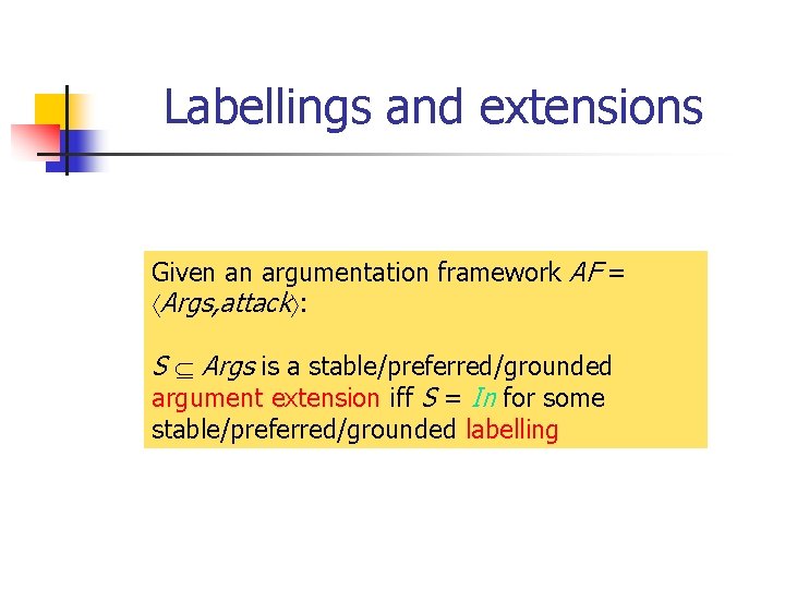 Labellings and extensions Given an argumentation framework AF = Args, attack : S Args