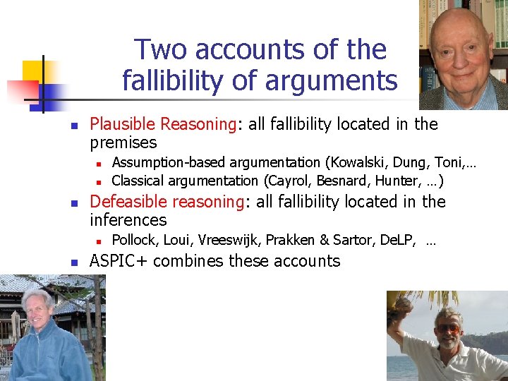 Two accounts of the fallibility of arguments n Plausible Reasoning: all fallibility located in