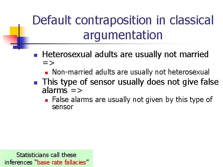 Default contraposition in classical argumentation n Heterosexual adults are usually not married => n