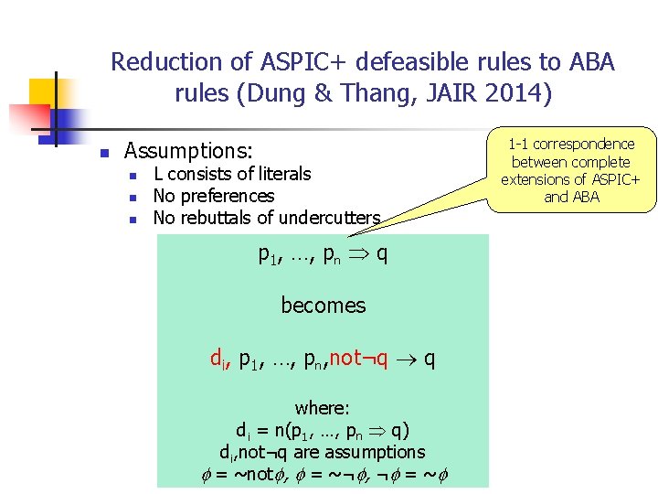 Reduction of ASPIC+ defeasible rules to ABA rules (Dung & Thang, JAIR 2014) n