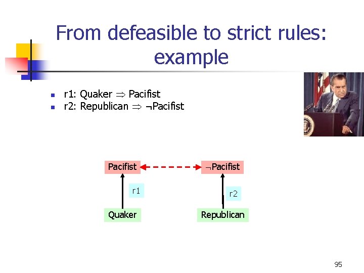 From defeasible to strict rules: example n n r 1: Quaker Pacifist r 2: