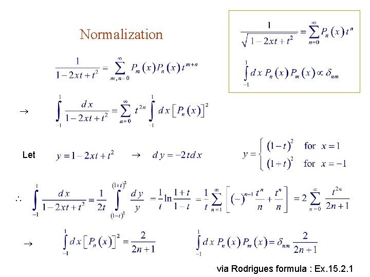 Normalization Let via Rodrigues formula : Ex. 15. 2. 1 