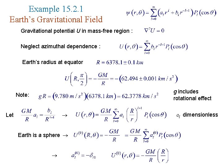 Example 15. 2. 1 Earth’s Gravitational Field Gravitational potential U in mass-free region :