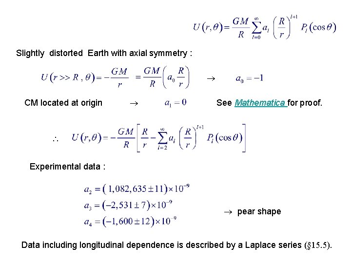 Slightly distorted Earth with axial symmetry : CM located at origin See Mathematica for