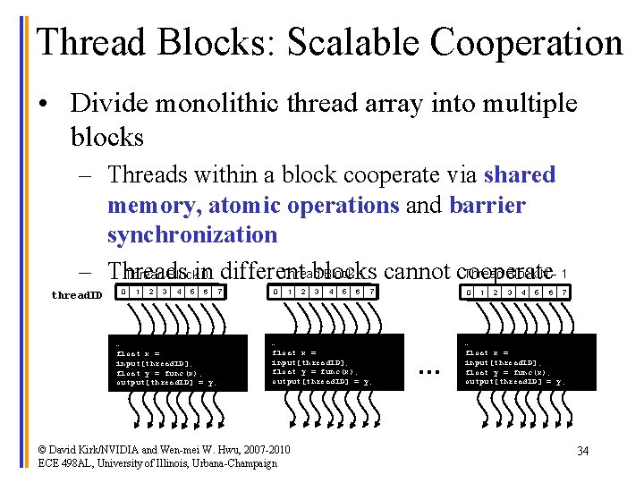 Thread Blocks: Scalable Cooperation • Divide monolithic thread array into multiple blocks – Threads