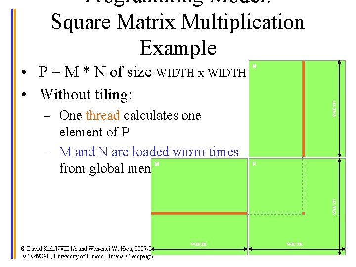 Programming Model: Square Matrix Multiplication Example P WIDTH – One thread calculates one element