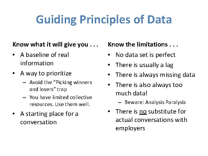 Guiding Principles of Data Know what it will give you. . . Know the